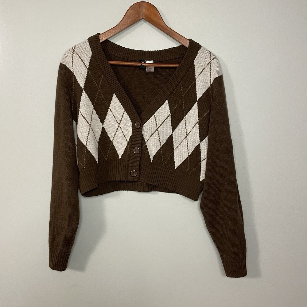 H&M Divided Brown Plaid Cropped Cardigan Acadamia Preppy‎ Woman Size M
